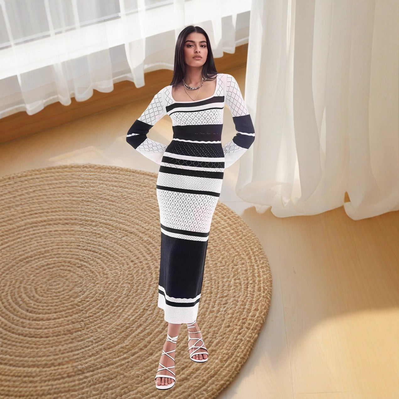 Autumn Multi-Color U-Neck Sexy Cut-Out Long-Sleeve Knit Long Dress 6