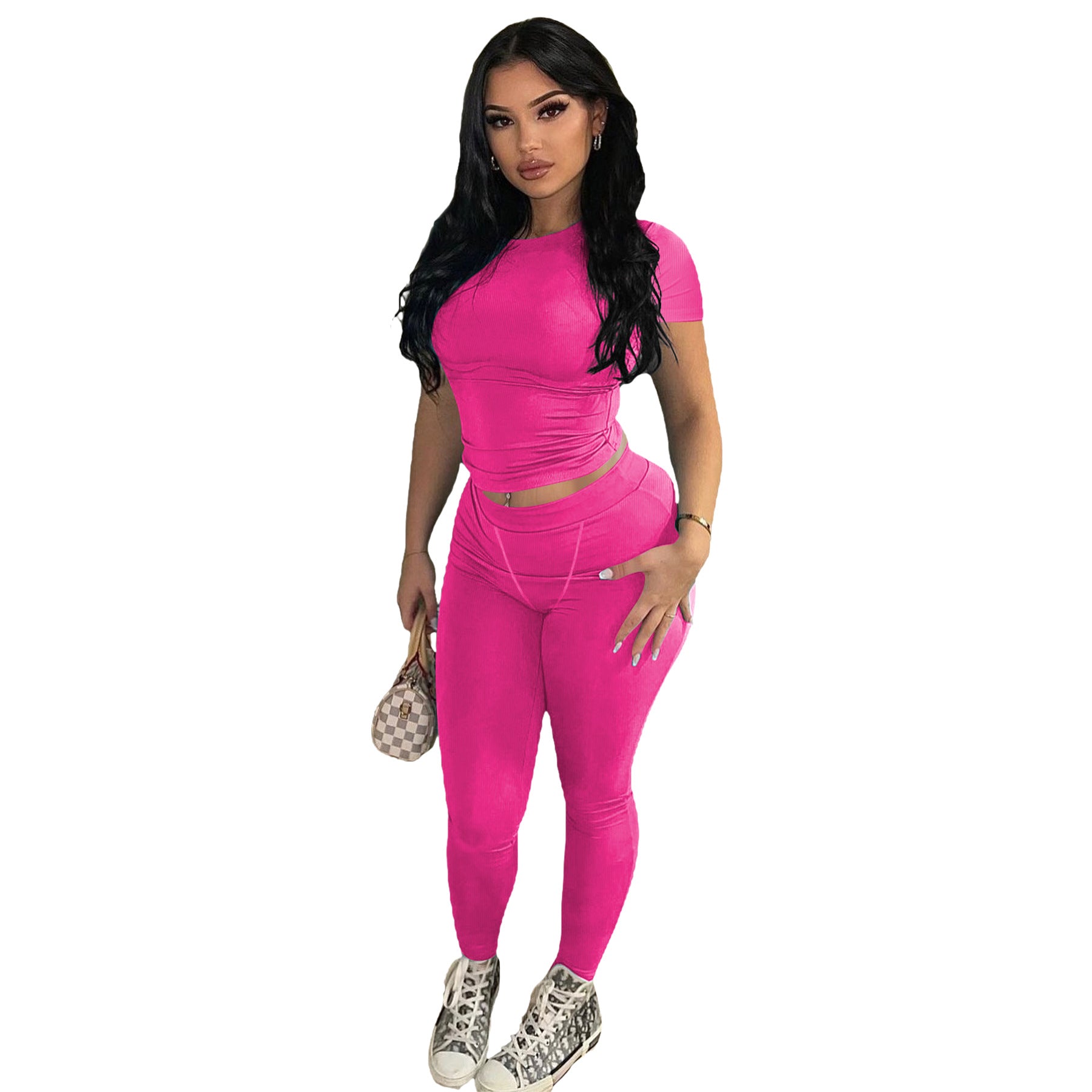 Women Sexy Solid Short Sleeve Top and Pant Two-piece Set 18