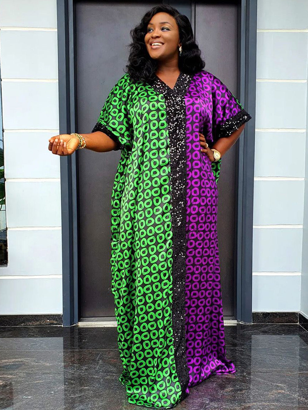 Africa Plus Size Women's Sequin Patchwork Printed Loose Dress 3