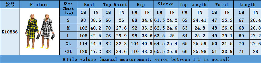 Fashion Women's Plaid Turn-Down Collar Long Skirt Set 12