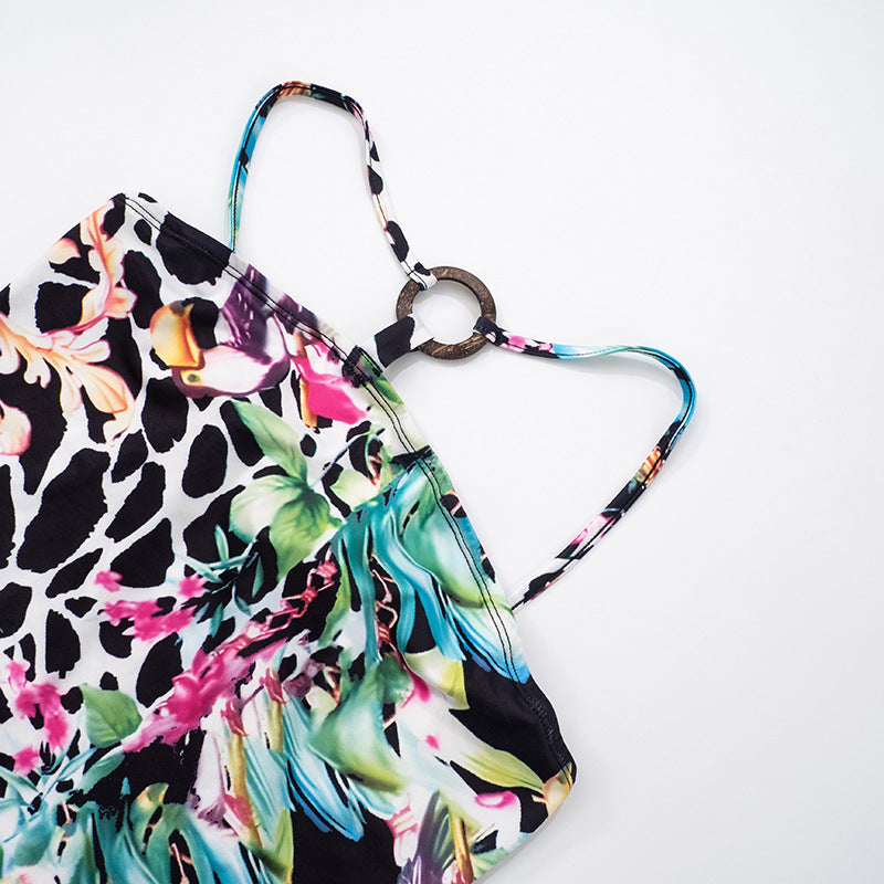 Spring & Summer Women's Irregular Ring Buckle Strappy Print Low Back Tight-Fitting Two Piece Shorts Set 14