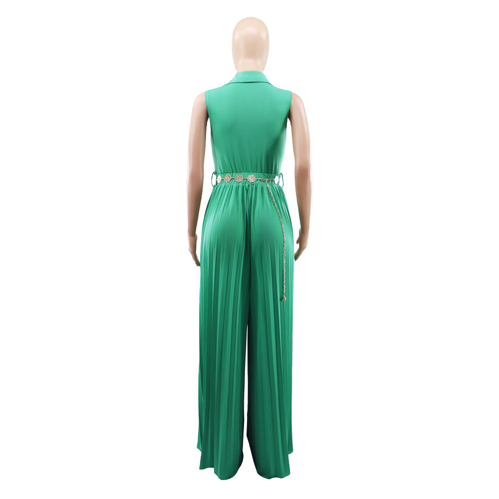 Sleeveless Chic Casual V Neck Slim Waist Pleated Wide Leg Jumpsuit 15