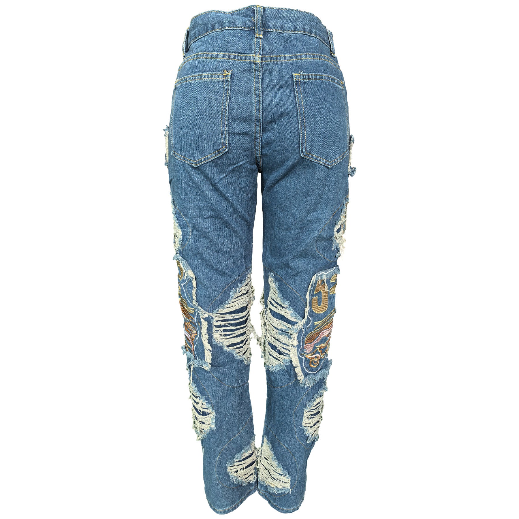 Women Pocket Cargo Ripped Embroidery Straight Denim Pants 5