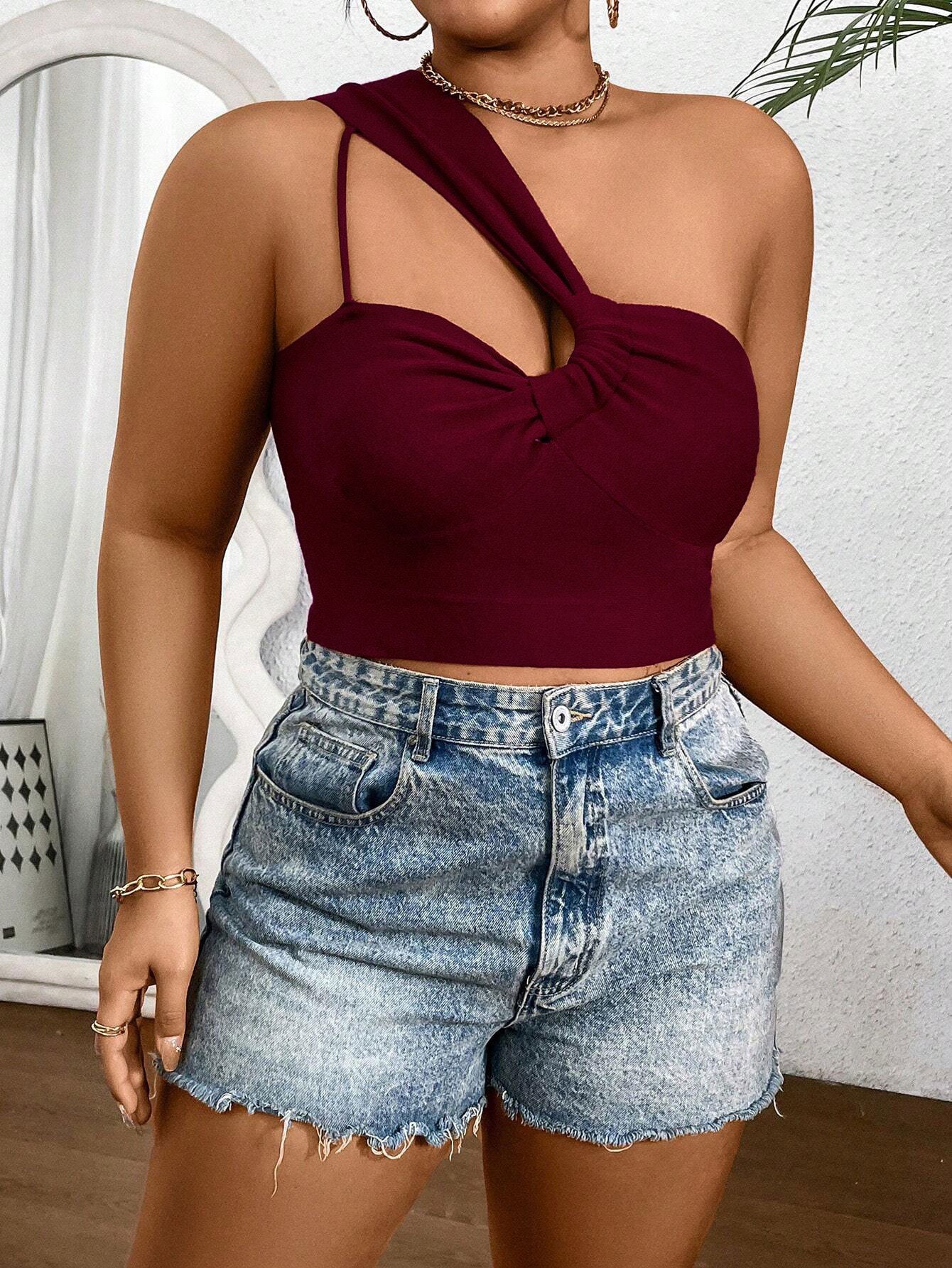 Spring Summer Plus Size Women's Sexy Single Strap Burgundy Slim Short Top 5