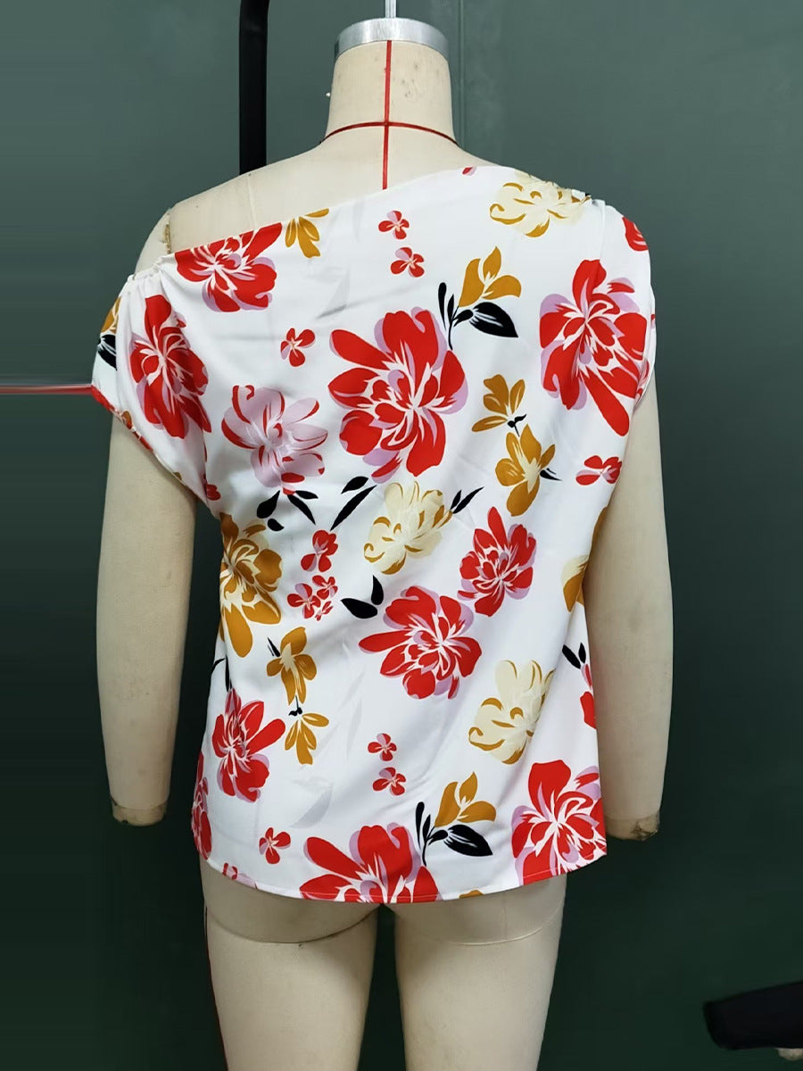 Slash Shoulder Shirt Summer Women's Pullover Holidays Short Sleeve Blouse 9