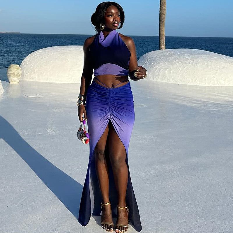 Women's Fashion Printed Sexy Sleeveless Low Back Vest Split Skirt Two-Piece Set