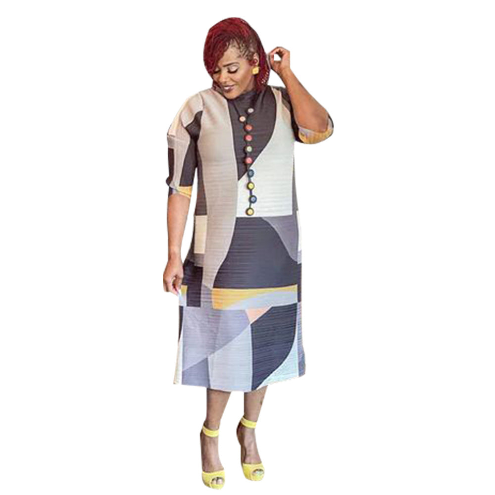 Ladies Round Neck Print Pleated Dress 16