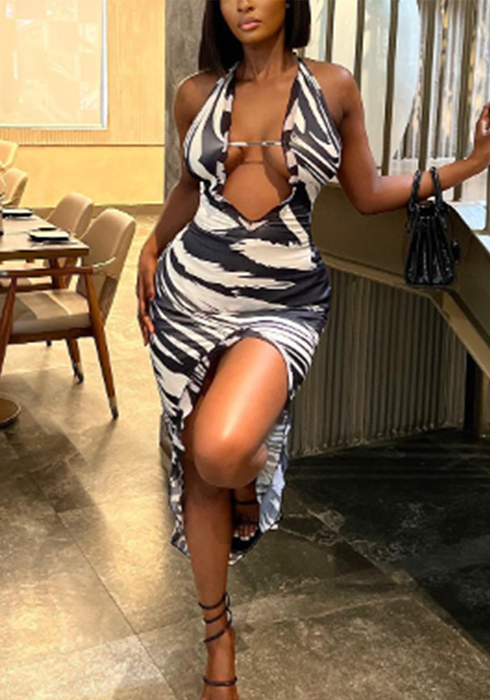 Plus Size Women Striped Backless Zebra Print Dress