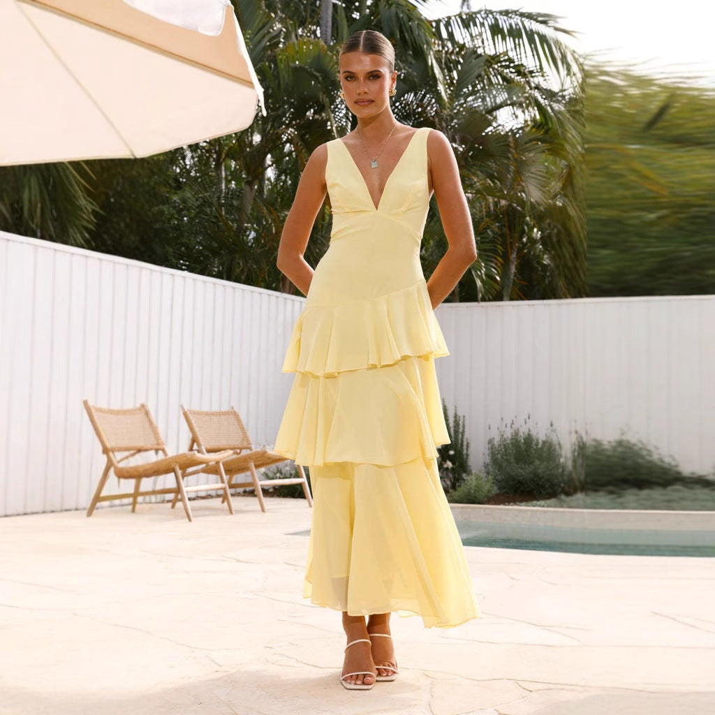 Women summer French sleeveless v-neck Cascading Ruffles Dress 9