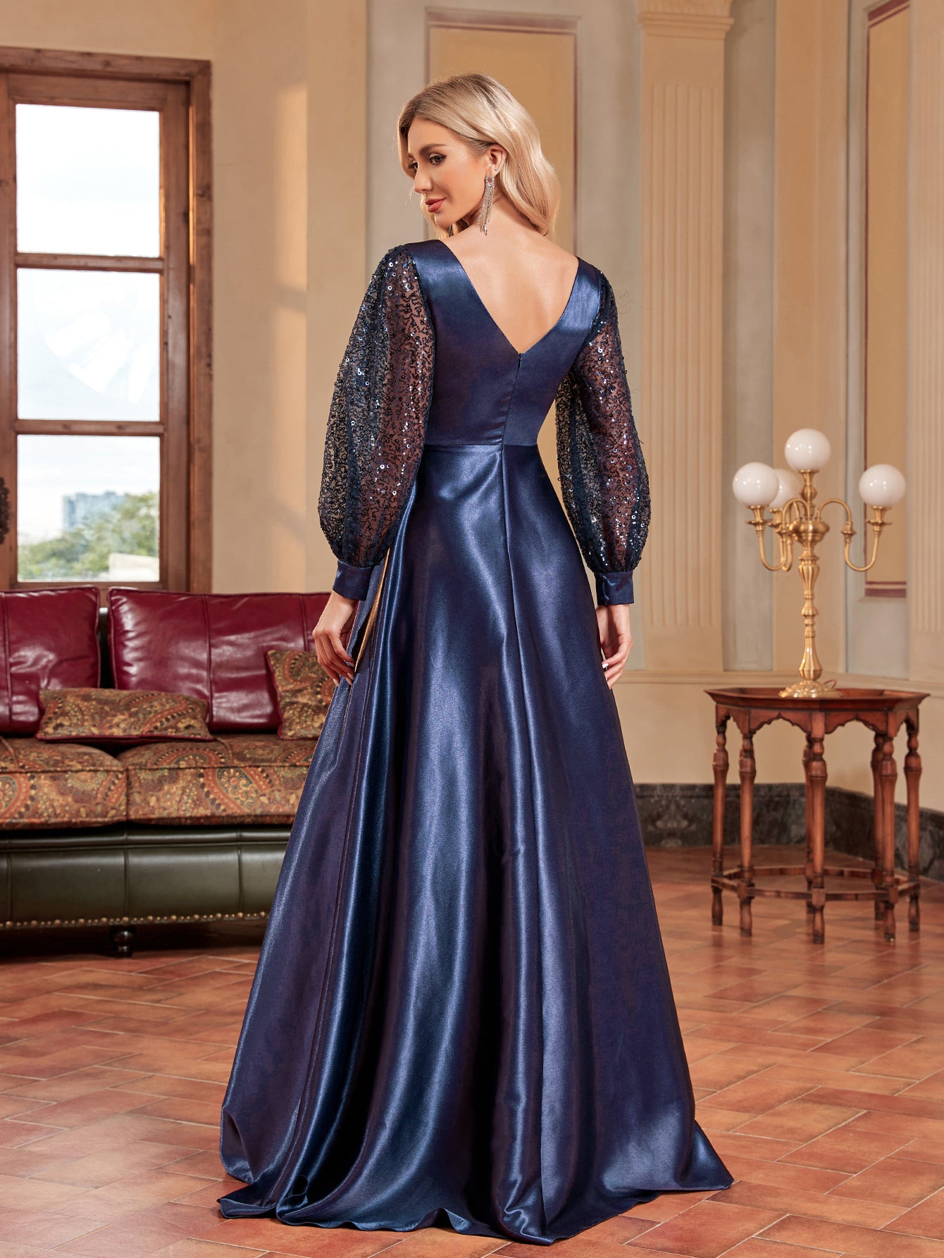 Women Silk V-neck long-sleeved fishtail sequined Formal Party evening dress 8