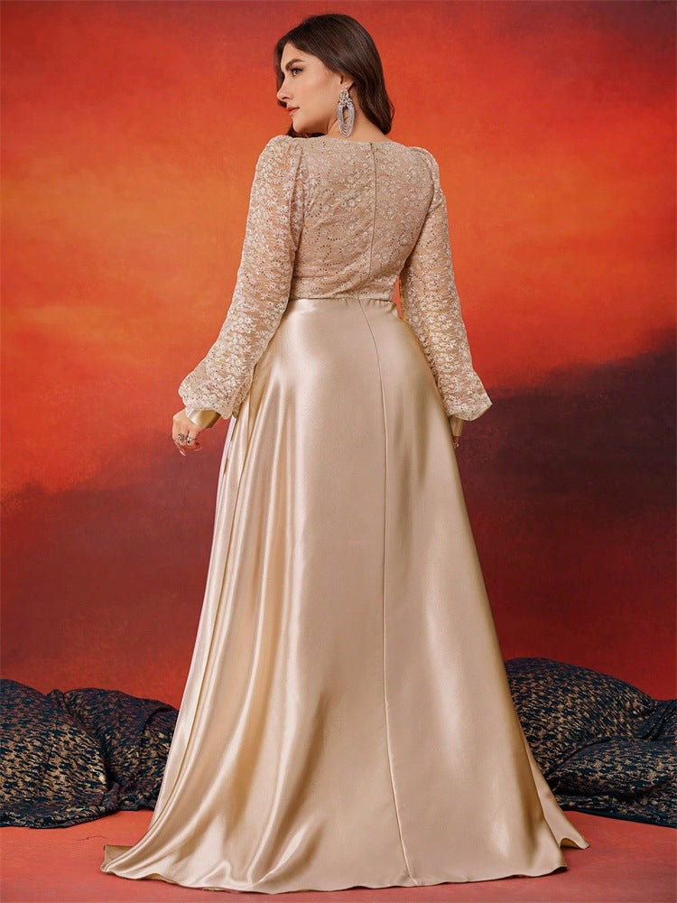 Plus Size Women Sequin Contrast Color Satin Long Sleeve V Neck Elegant Dinner Ball Evening Dress 5