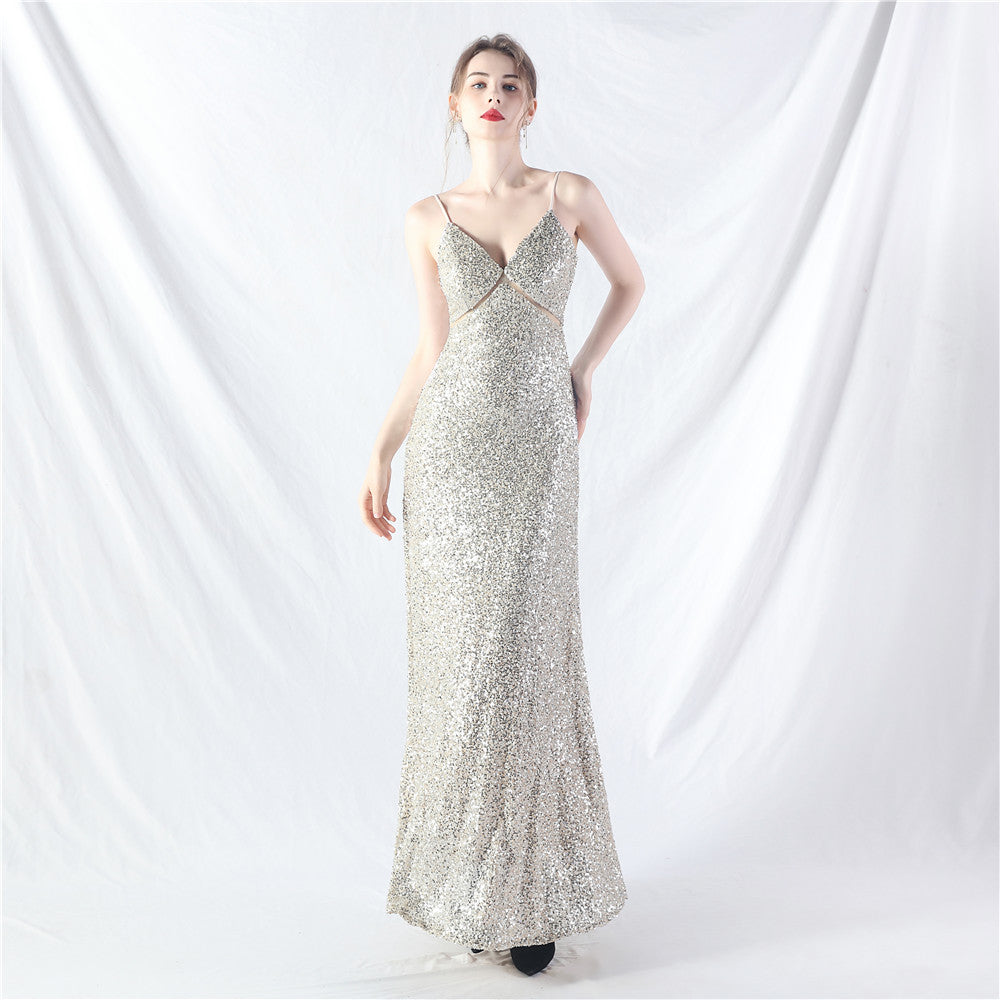 Elegant Strap V-Neck Sequined Evening Dress 14