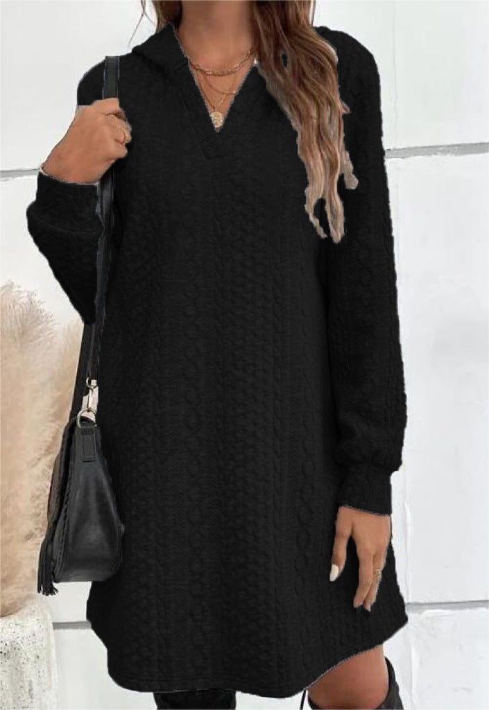 Women knitting jacquard long sleeve hooded Dress 8