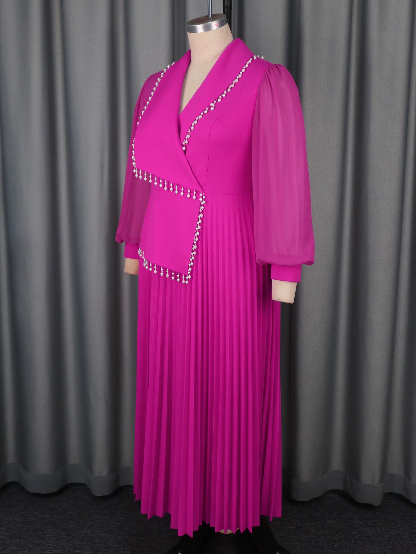 Plus Size Women's V-Neck See-Through Long Sleeve Elegant Pleated Long Dress 7