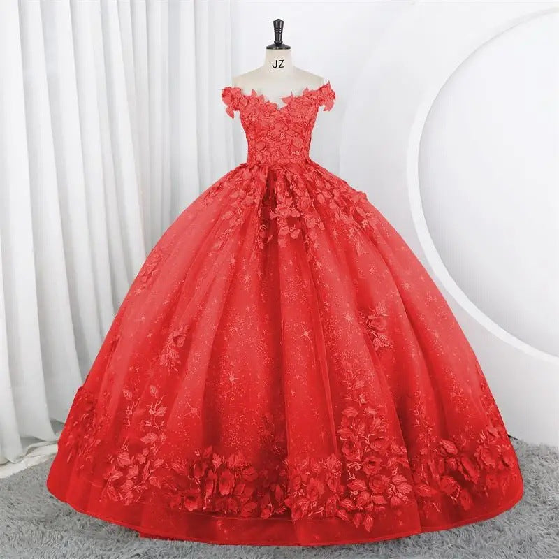 Women Puffy Tulle Embroidered Off-Shoulder Performance Costume Ball Gown 20
