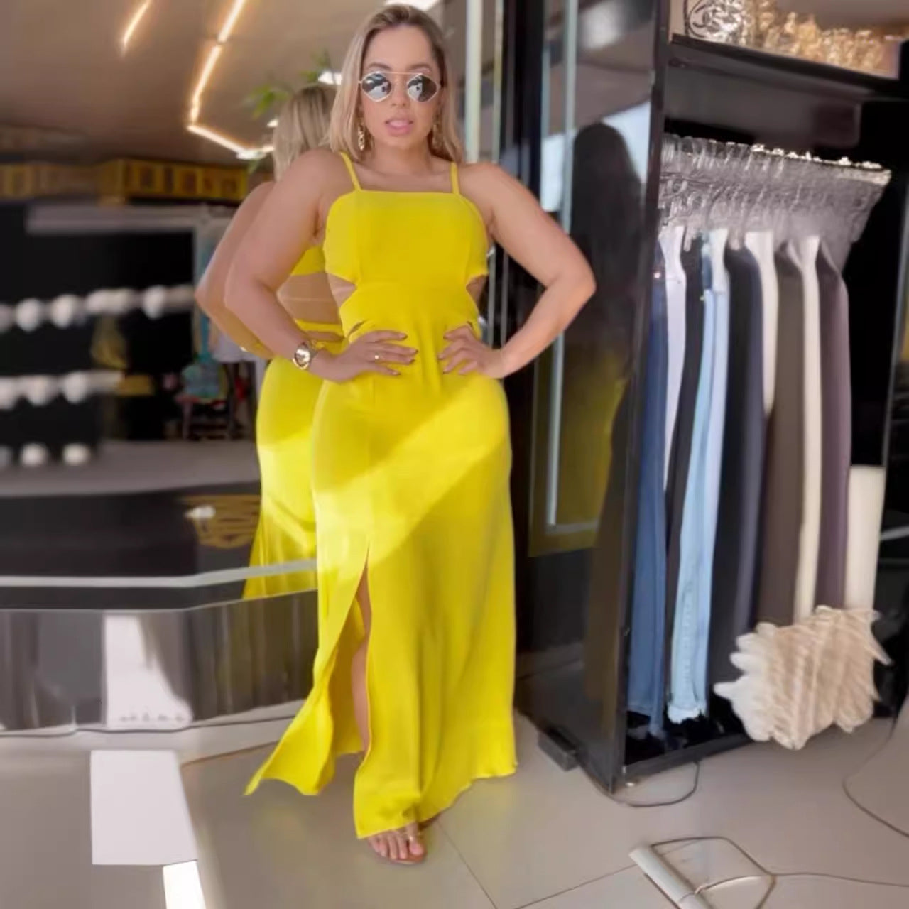 Solid Color Strap Backless Lace-Up Slit Long Dress 7