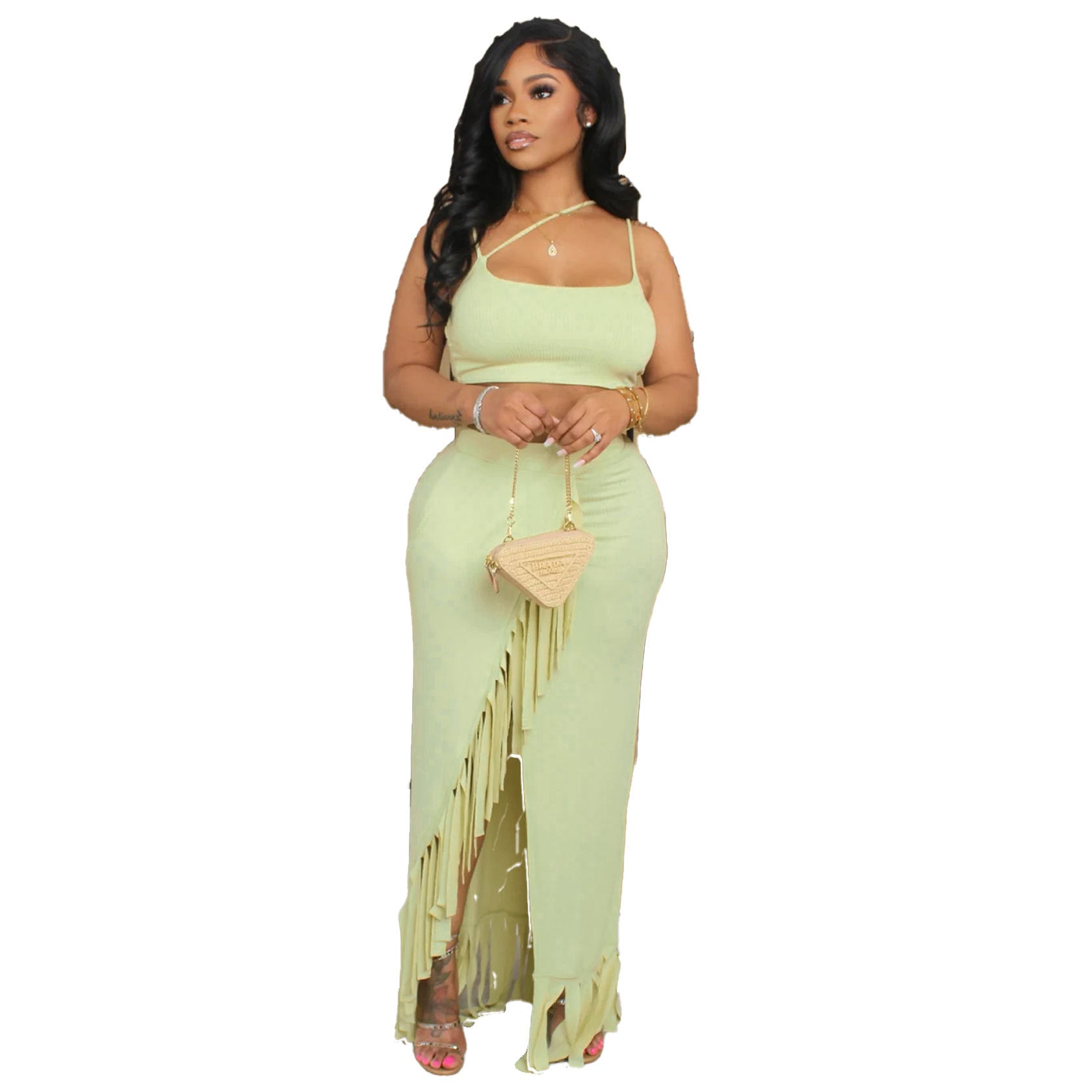 Women's Fashion Trend Ribbed Solid Color Slit Tassel Long Skirt Tank Top Two Piece Set 10