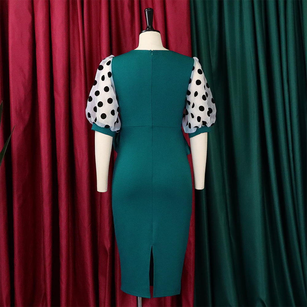 Plus Size Women'S Fashion Dot Mesh Patchwork V Neck Chic Career Bodycon Dress 12