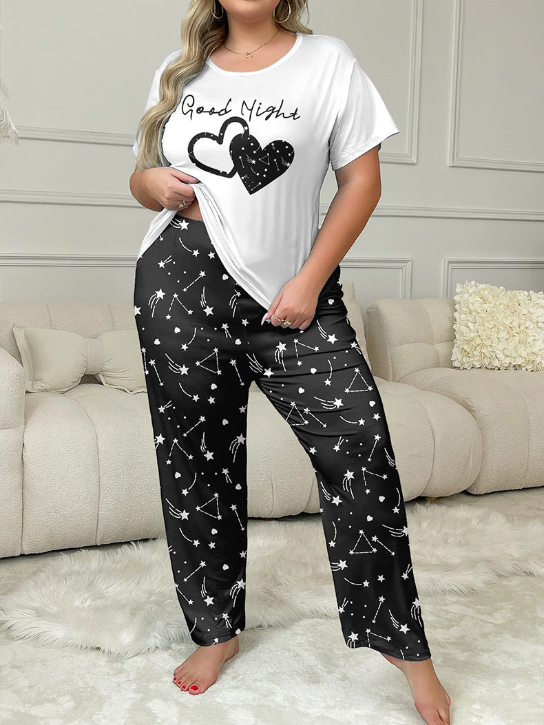Women's Home Clothes Plus Size Pajamas Short Sleeve Two-Piece Pants Set 10