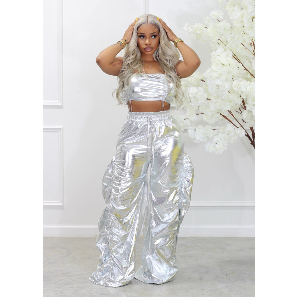 Women Fashion Shiny Street Hip Hop Crop Top and Pant Two-Piece Set 3