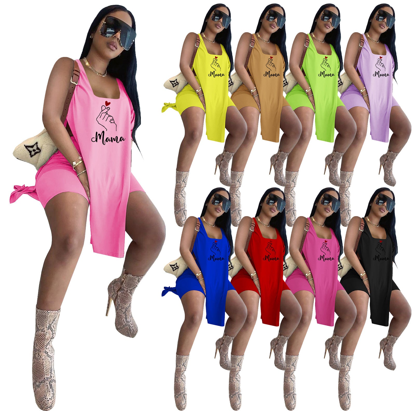 Women's Mother's Day print vest top shorts two-piece set 12