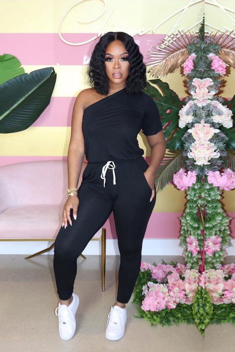 Sexy Women's Slash Shoulder Half Sleeve Solid Color Slim Fit Women's Sports Jumpsuit 15