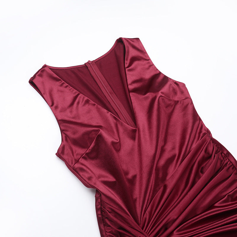 Women Sexy V Neck Satin Slit Strap Dress 15