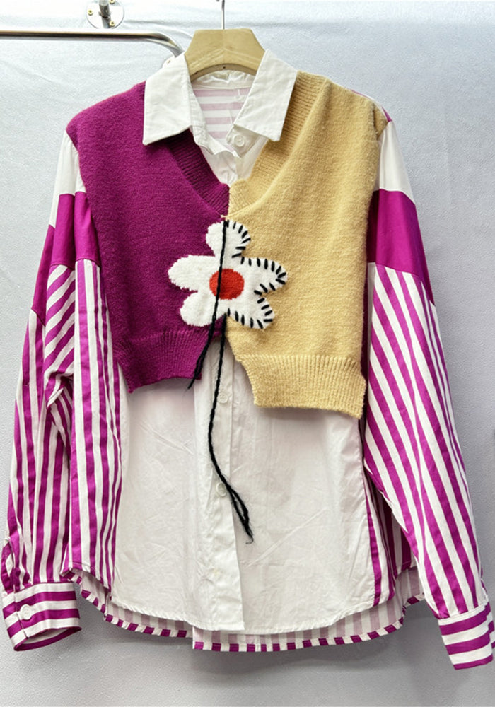 Women striped knitting Patchwork contrast color long-sleeved shirt