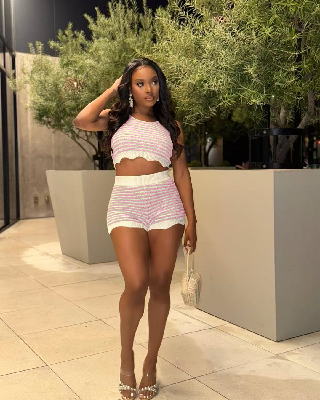 Fashion Casual Summer Contrast Color Knitting Short Sleeve Two Piece Shorts Set 4