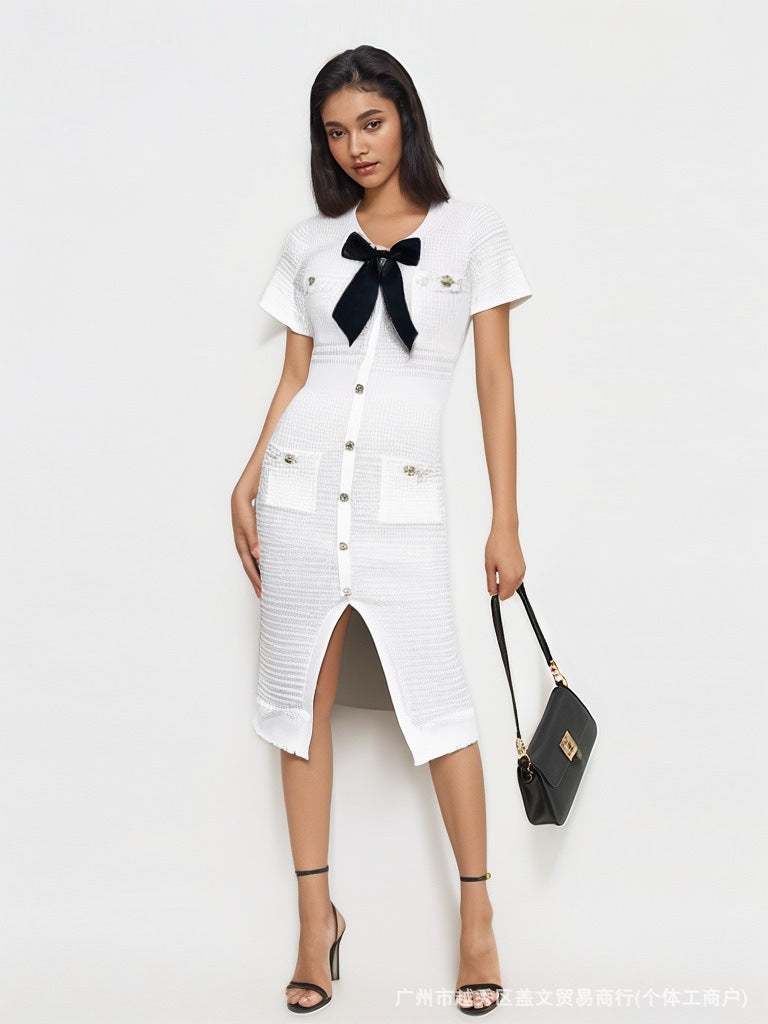 Women French V Neck Bow Short Sleeve Beaded Button Knitting Slit Dress 9