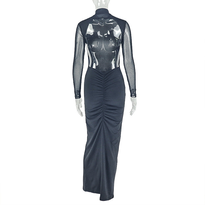 Women Slash Solid Turtleneck Mesh See-Through Long Sleeve Bodycon Dress 8