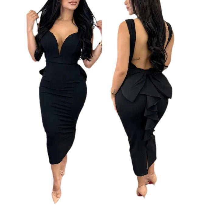 Chic Elegant Solid Color Low Back Deep V High Waist Bow Elastic Slit Bodycon Dress 7