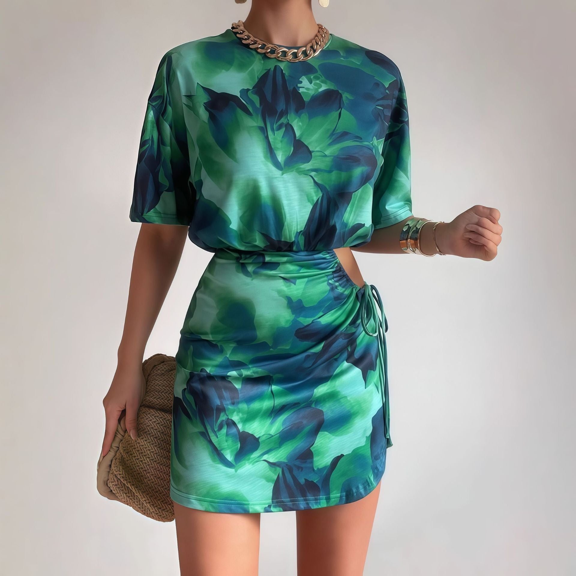 Women Summer Tie-Dye Gathered Bodycon Dress