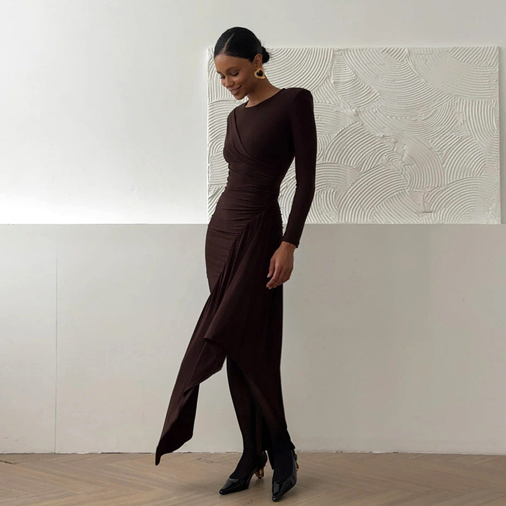 Elegant Round Neck Long Sleeve Pleated Ribbon Bodycon Dress