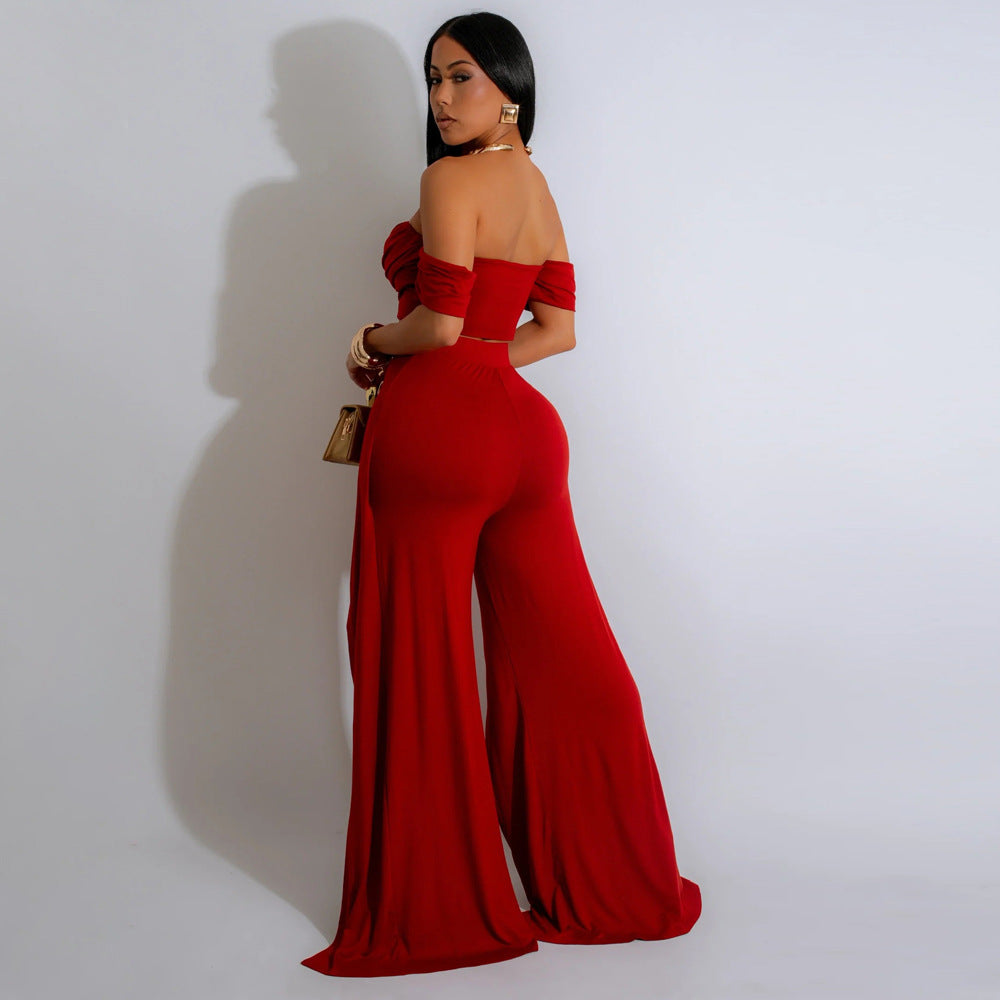 Women Strapless Top and Slit Wide Leg Pants Two-Piece Set 11