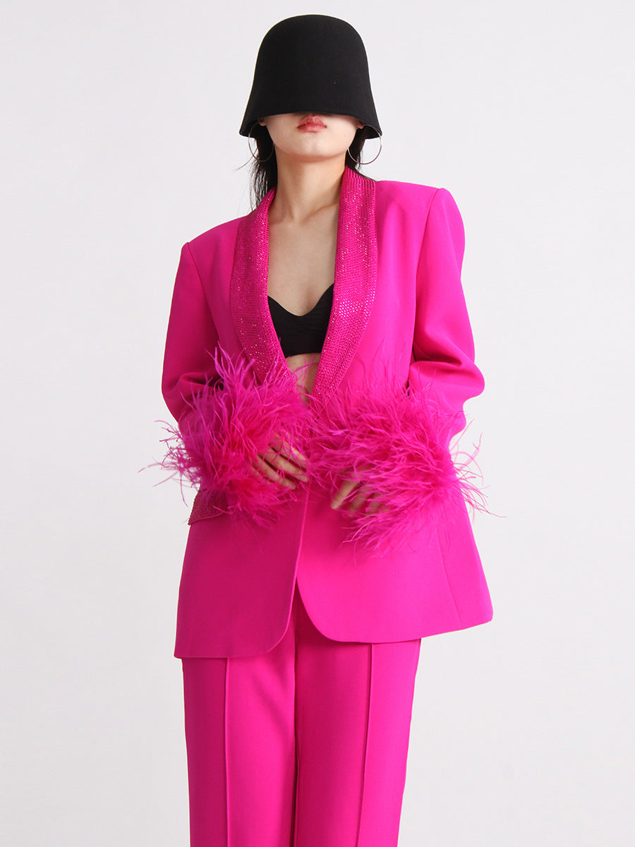 Women Neck Diamond Cuffs Patchwork Ostrich Feather Long Sleeve Blazer 4