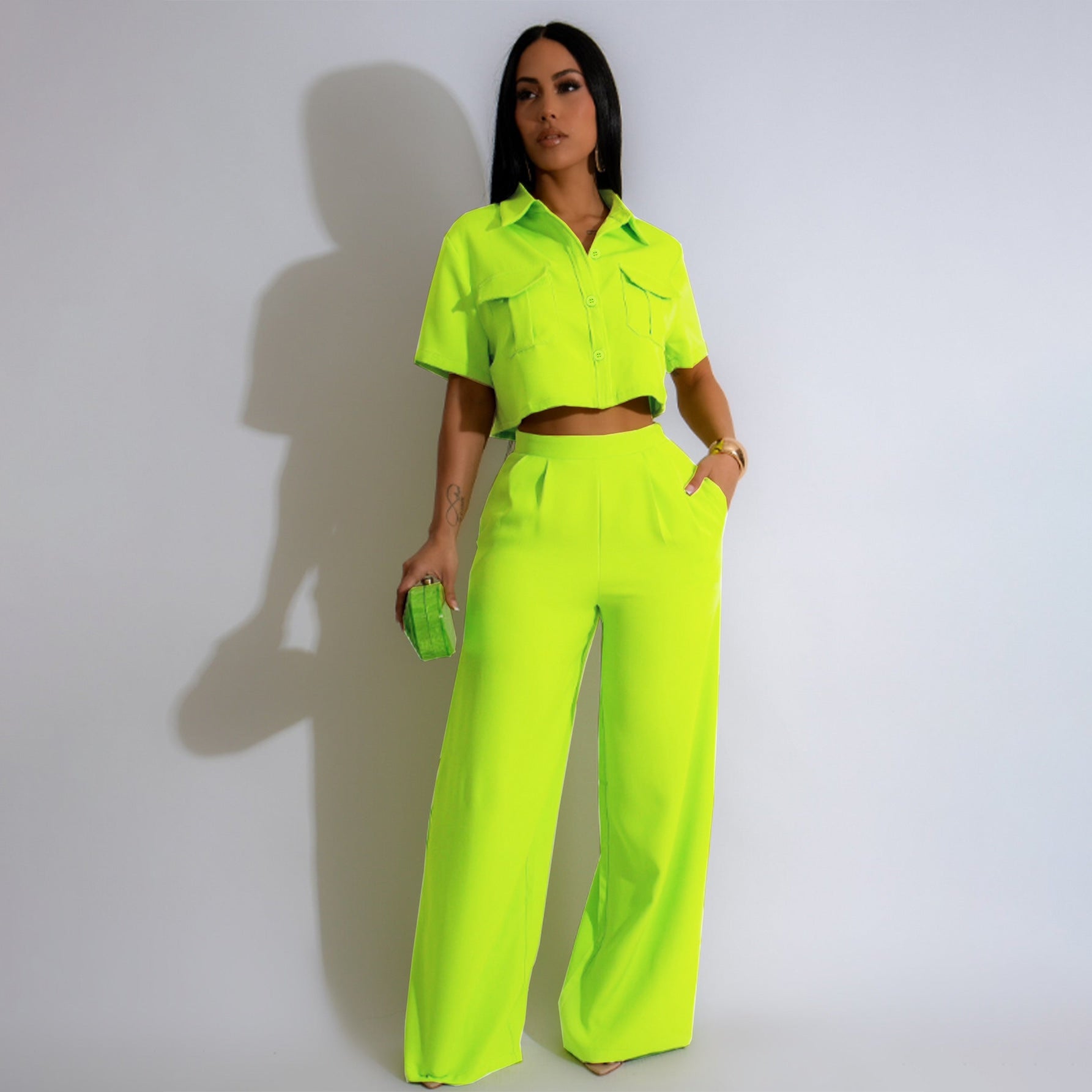 Women's Summer Fashion Turndown Collar Short Sleeve High Waisted Wide Leg Fashion Two Piece Pants Set 6