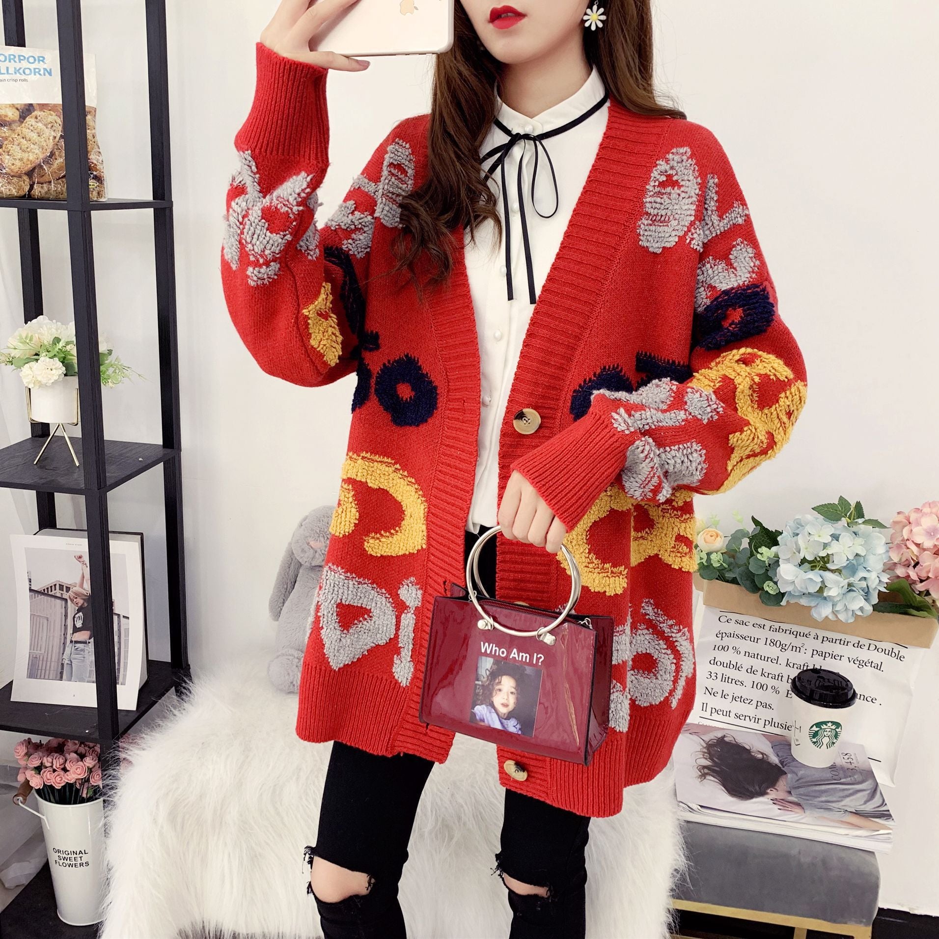 Women Fall and Winter Letter Contrast Color Loose Knitting Sweater Jacket 4