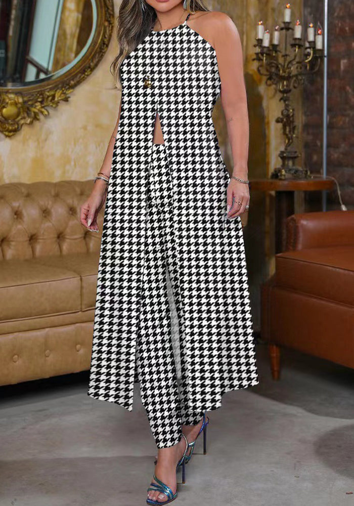 Spring And Summer Chic Halter Neck Sleeveless Houndstooth Printed Loose Top High Waist Pants Two Piece Set