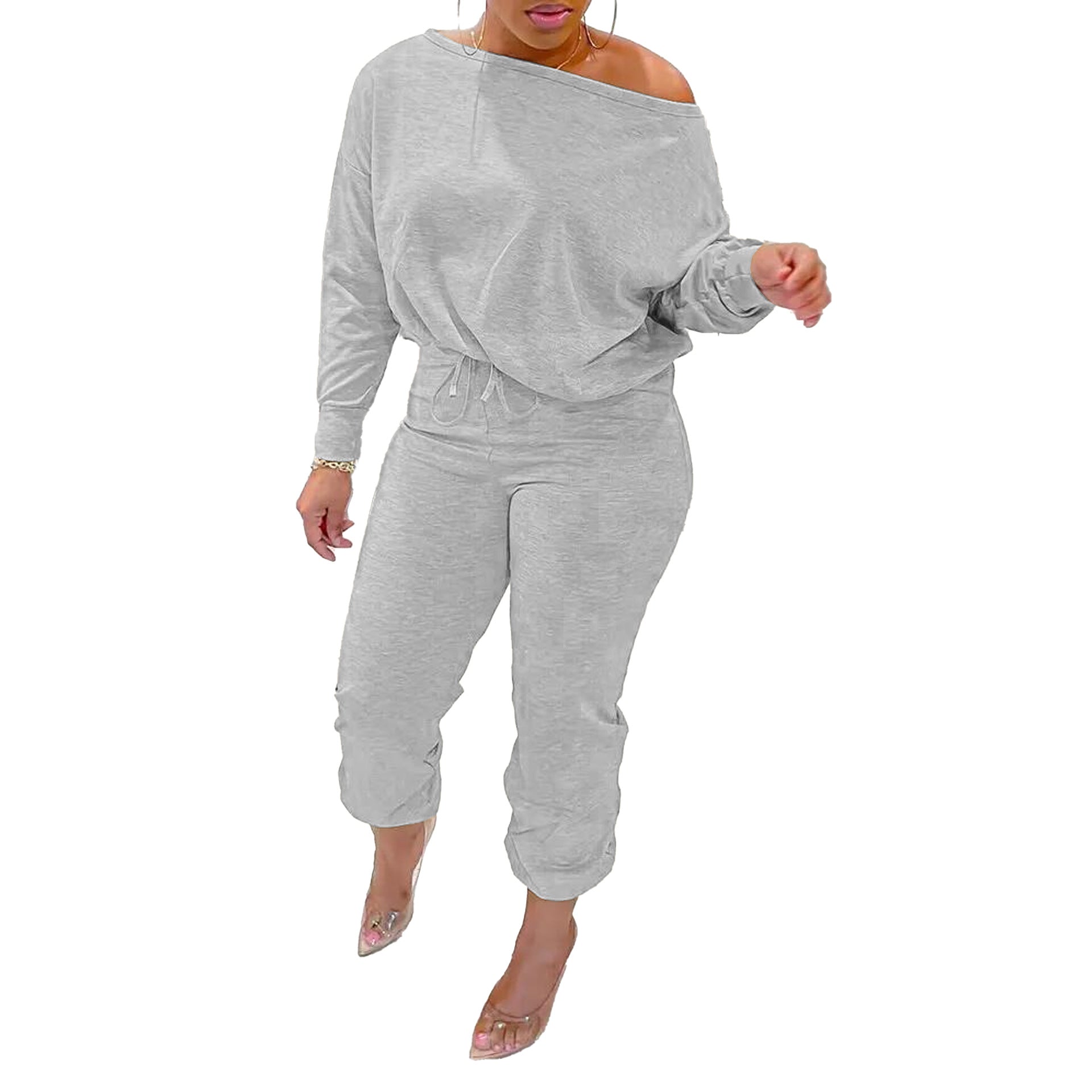 Women Solid Casual Slash Shoulder Top and Pant Two-piece Set 8