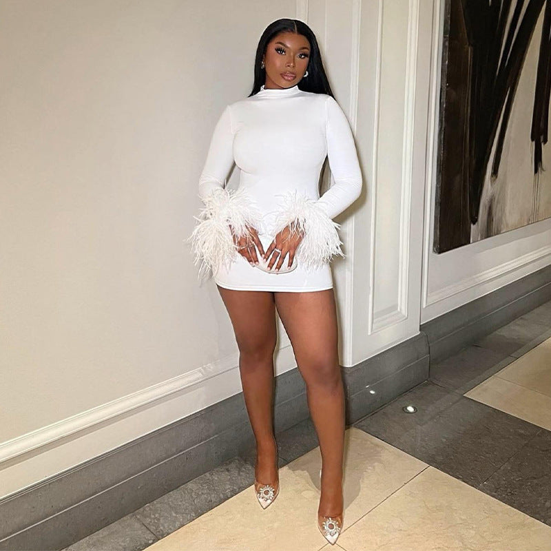 Autumn Solid Color Round Neck Feather Patchwork Slim Sexy Short Dress