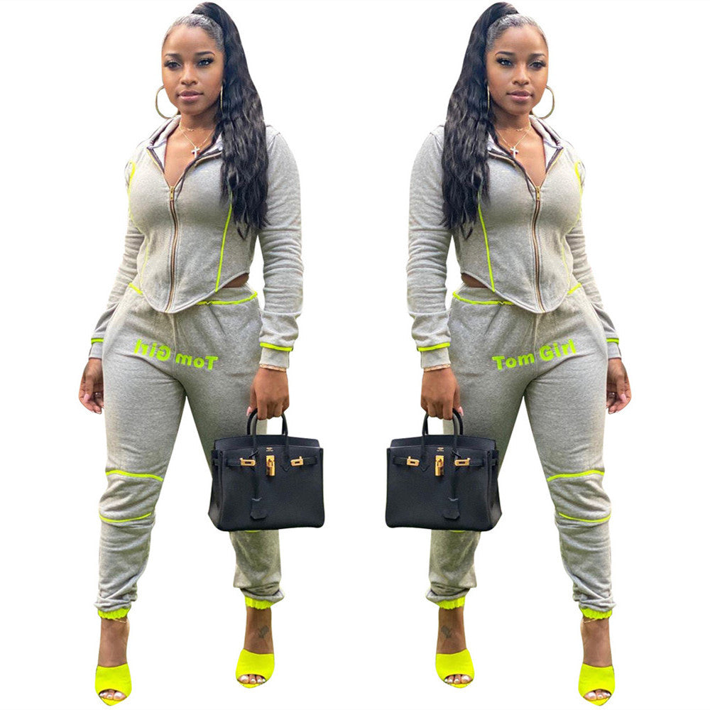 Women Casual Sports Zipper Hood Top and Pant Two-Piece Set 6