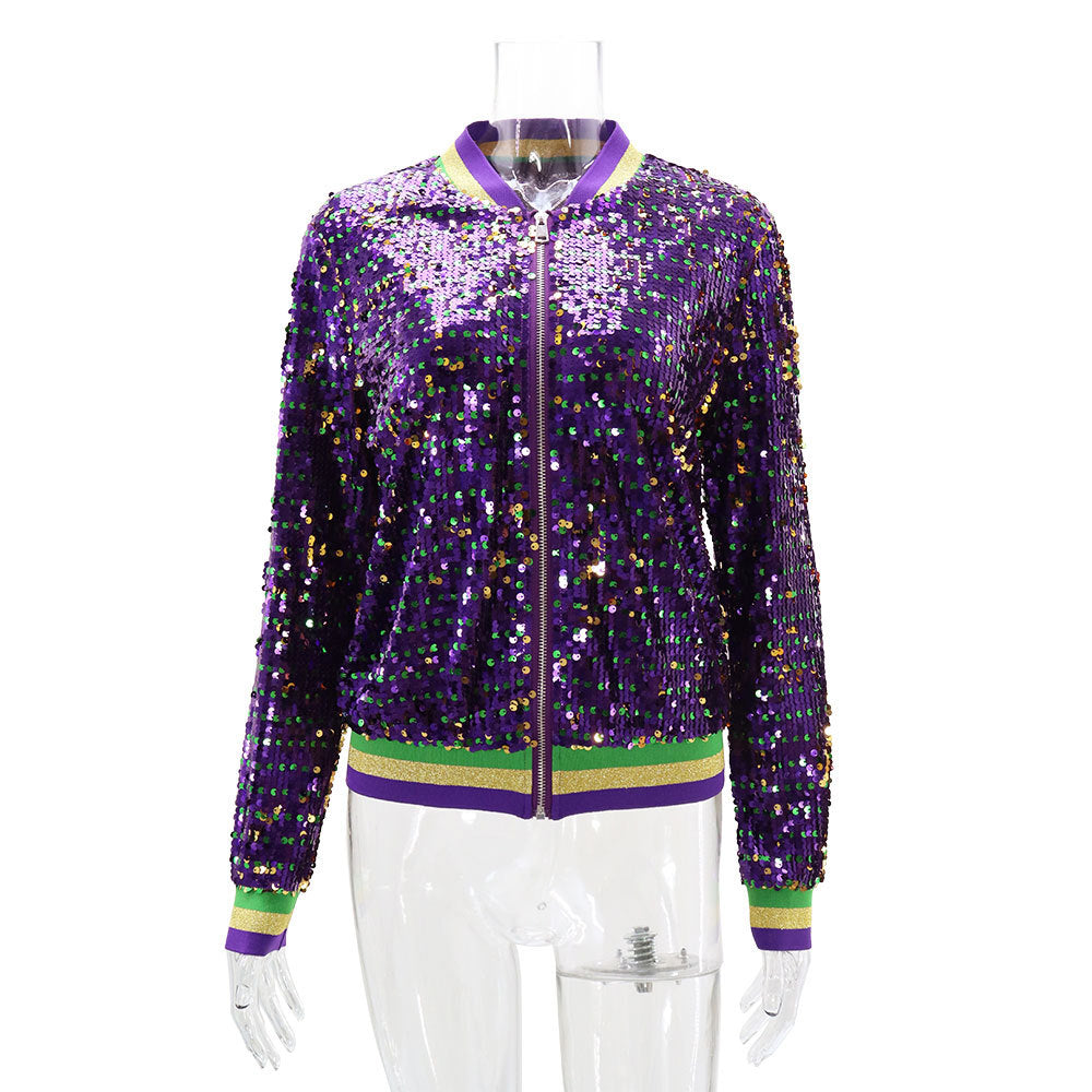 Women Long Sleeve Sequined Fashion Trendy Baseball Jacket 9