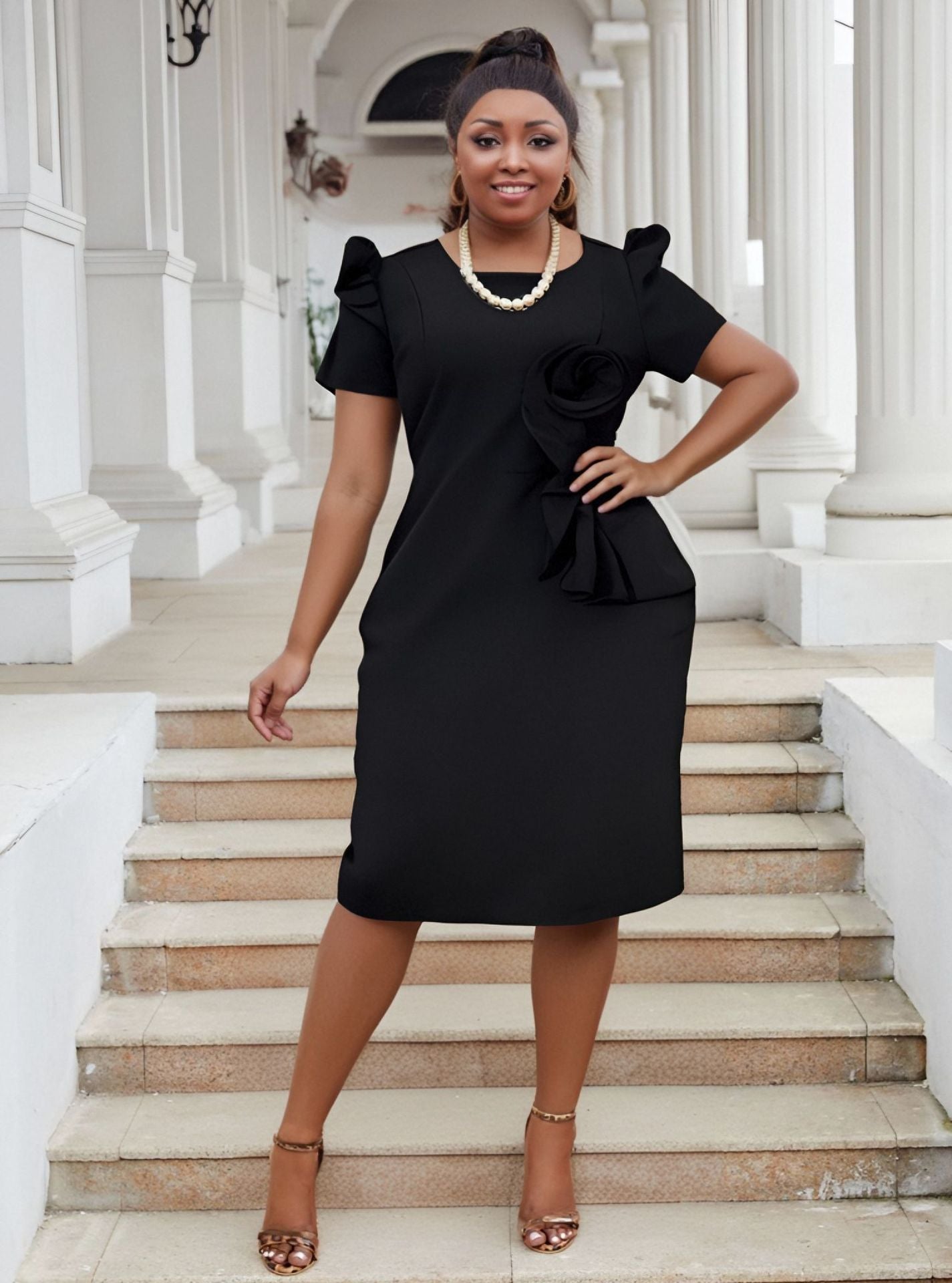 Plus Size Women Elegant Bodycon Ruffle Solid Dress 7