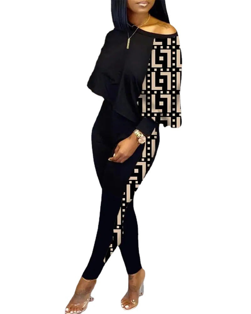 Women Long Sleeve Round Neck Print Off Shoulder Top and Pant Casual Two Piece Set 16