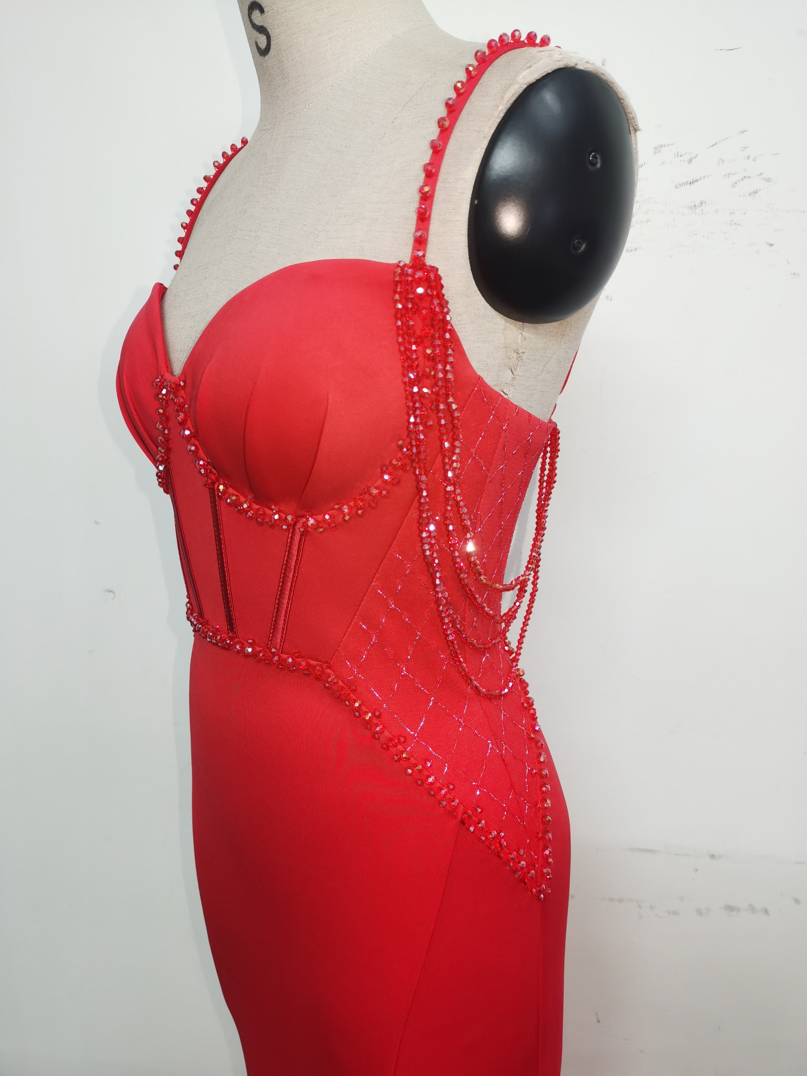 Women lace mesh herringbone Lace-Up beaded Formal Party evening dress 31