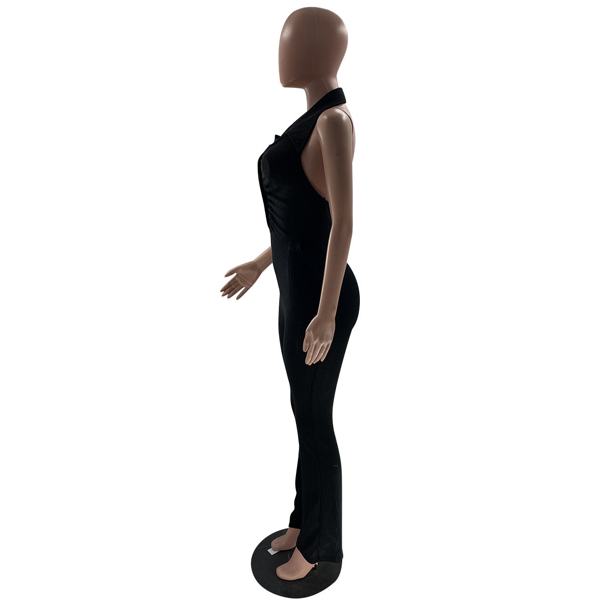 Women's Solid Color Sexy Low Back Halter Neck Turndown Collar Jumpsuit 23