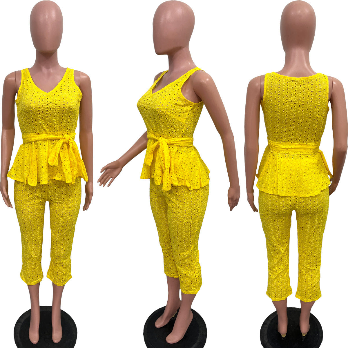 Women's Spring And Summer Solid Color Embroidered Cotton Belt Two-Piece Pants Set 14