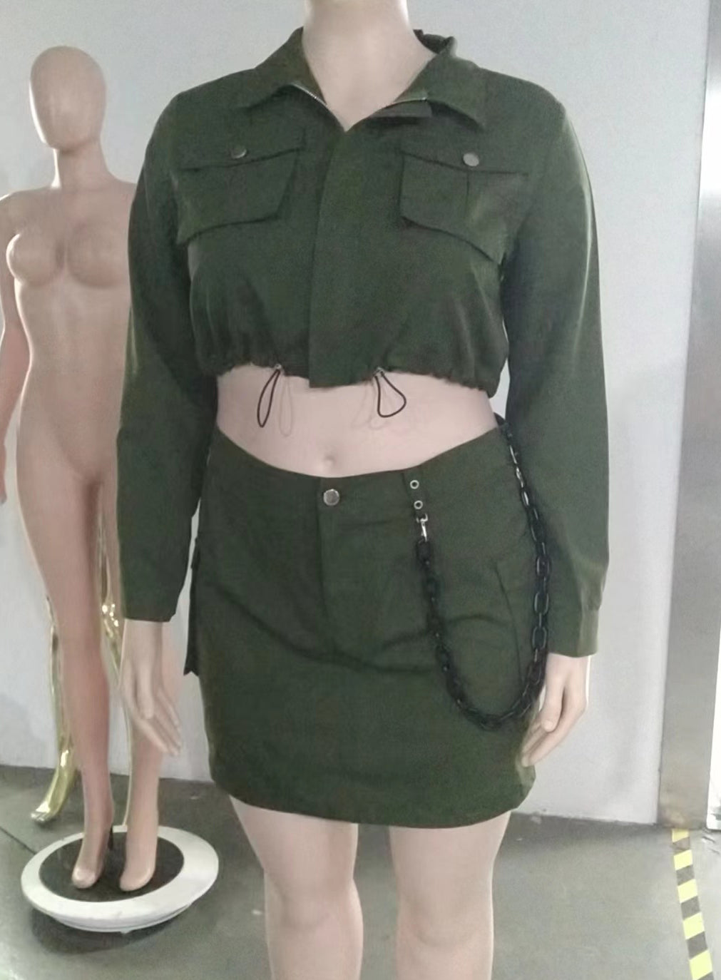 Women Turndown Collar Long Sleeve Pocket Top and Skirt Two-piece Set 8