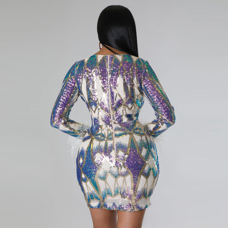 Women's V Neck Sexy Sequin Long Sleeve Nightclub Party Dress 7